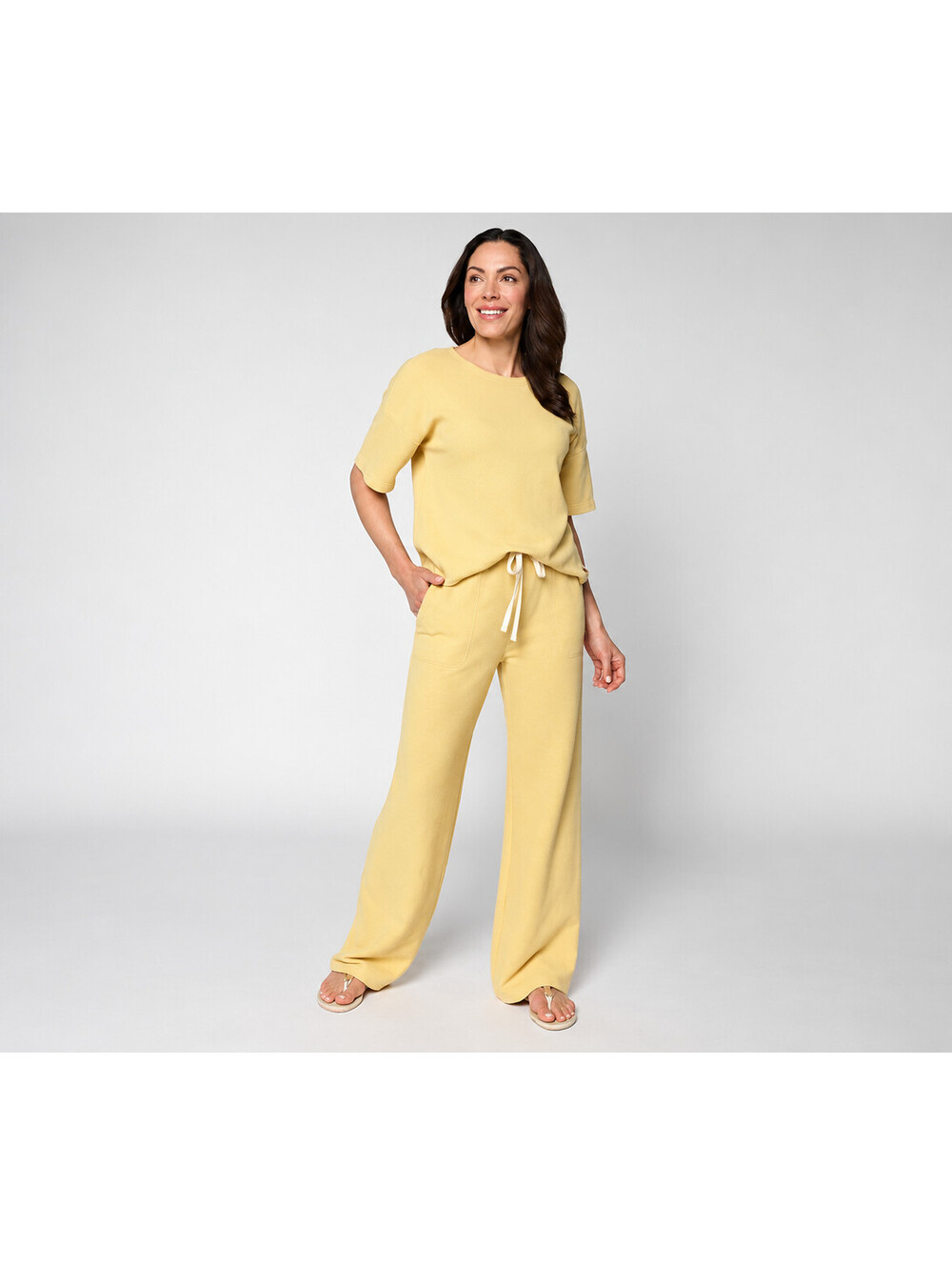 Peace Love World Honeycomb Knit Top and Pant Set Sun Yellow, Petite Small Cotton